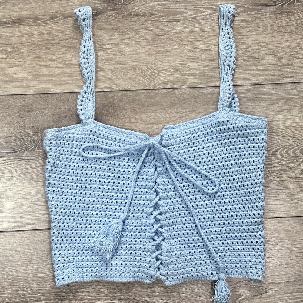 Beige Botany Lace Up Crochet Knit Tank - Picture 2 of 10